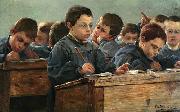 Paul Louis Martin des Amoignes In the classroom. Signed and dated P.L. Martin des Amoignes 1886 oil painting artist